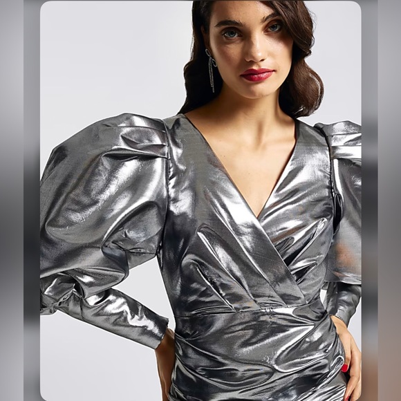 NWT River Island Metallic Silver Balloon Sleeves Bodycon Mini Dress Size 8 US - Picture 2 of 14